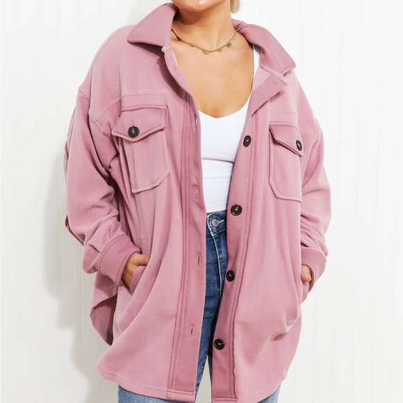 Light Rose Cozy in the Cabin Full Size Fleece Elbow Patch Shacket - Picture 5 of 10